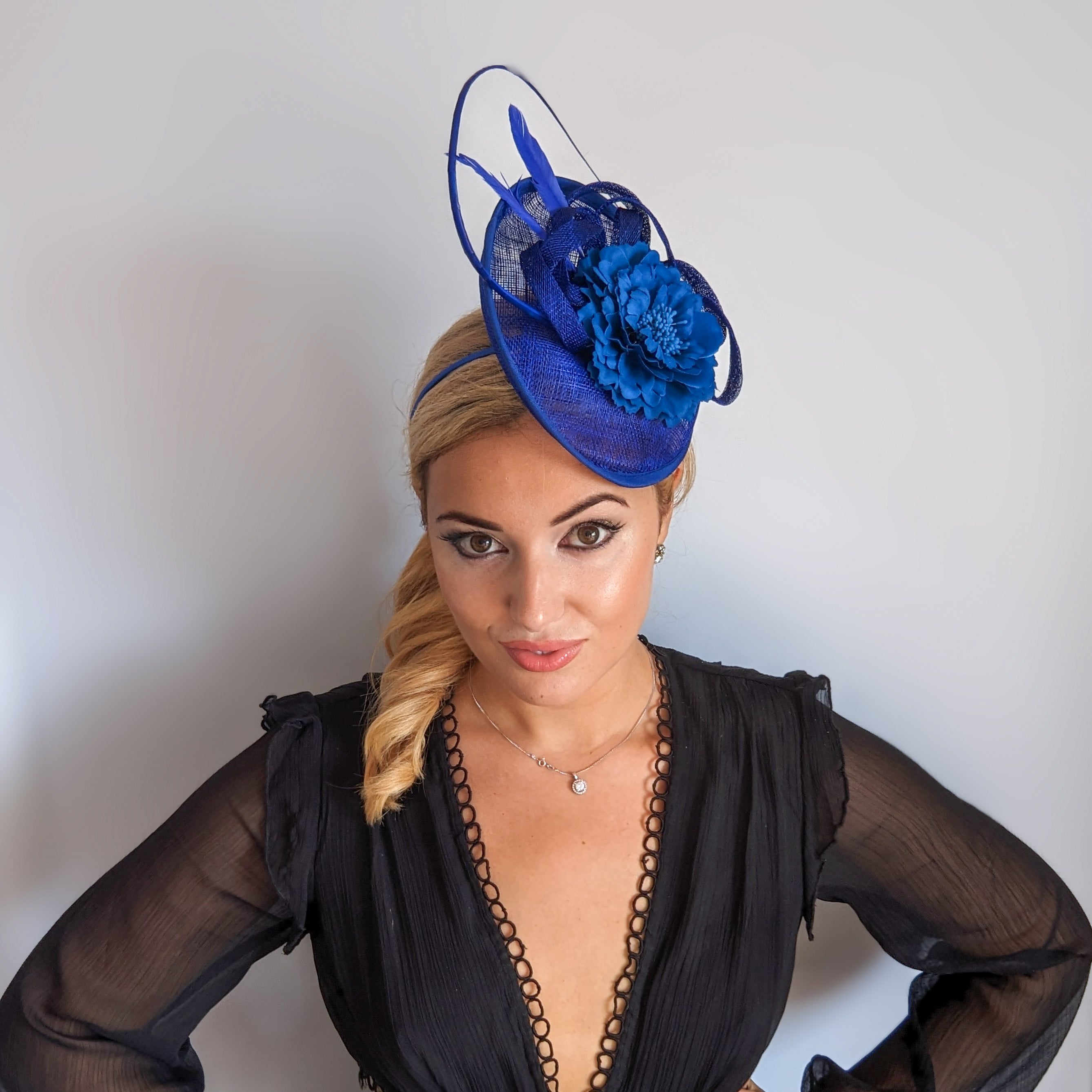 Royal cobalt blue flower feather disc saucer fascinator hat Royal cobalt blue flower feather disc saucer fascinator hat