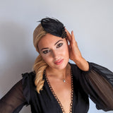 Cappelli da sposa fascinator con piume di cristallo nero uk Cappelli da sposa fascinator con piume di cristallo nero uk