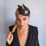 Black gold feather small satin fascinator  wedding hats uk Black gold feather small satin fascinator  wedding hats uk