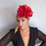 Large red satin rose fascinator hat Large red satin rose fascinator hat