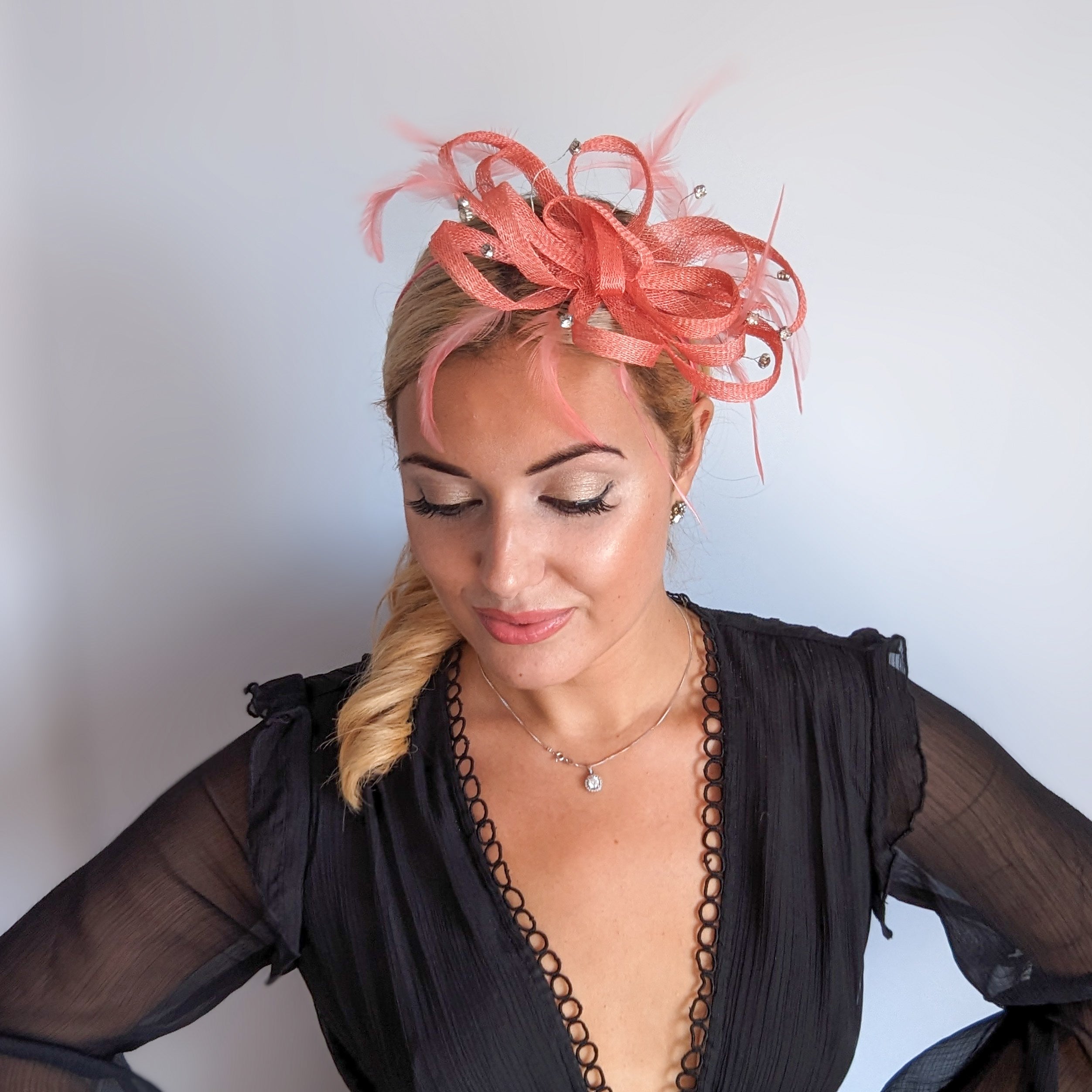 Watermelon coral crystal feather fascinator hat Watermelon coral crystal feather fascinator hat