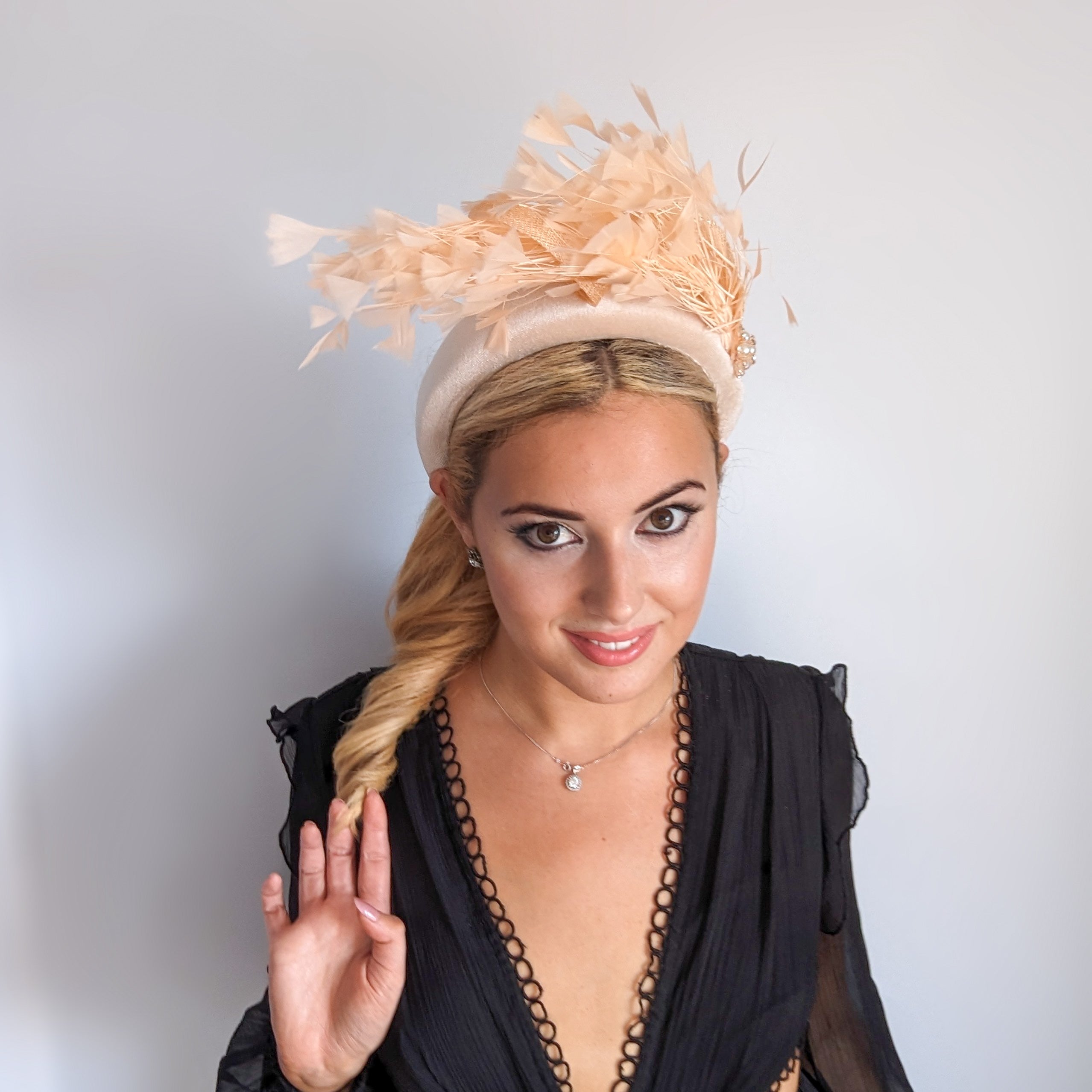 Champagne peach feather padded velvet headband fascinator Champagne peach feather padded velvet headband fascinator