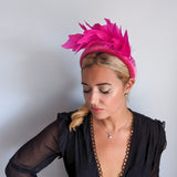 Magenta hot pink feather padded velvet headband fascinator