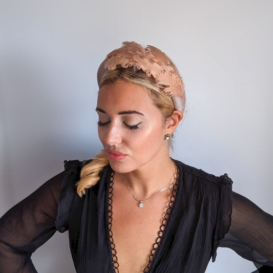 Dusty blush pink feather padded velvet headband fascinator