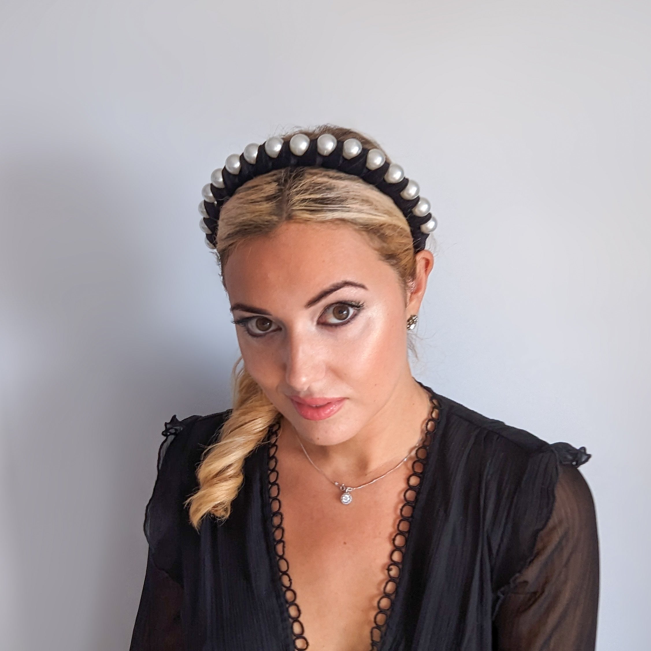 Black large pearl ruched velvet headband fascinator