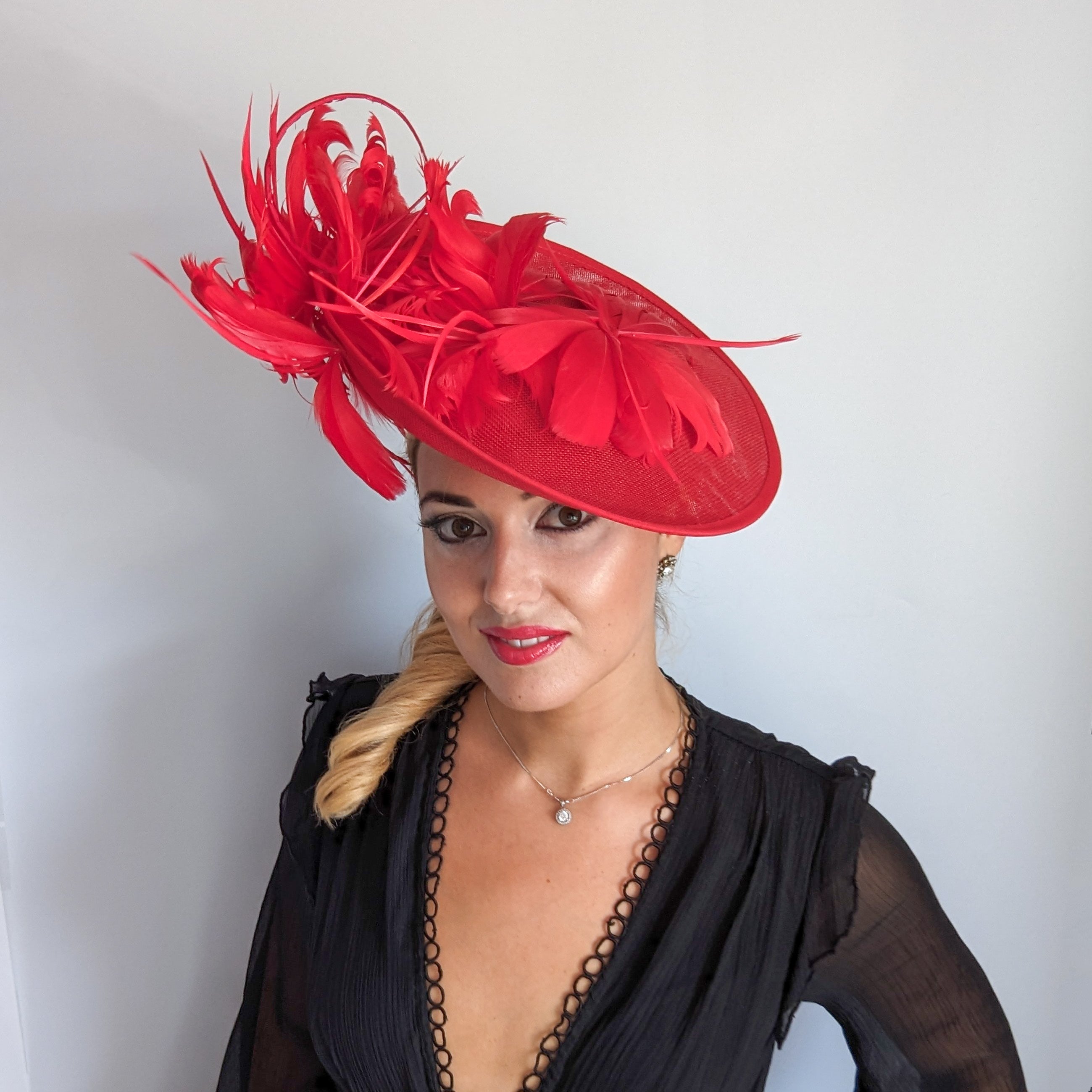 Red feather large saucer disc fascinator hat Red feather large saucer disc fascinator hat