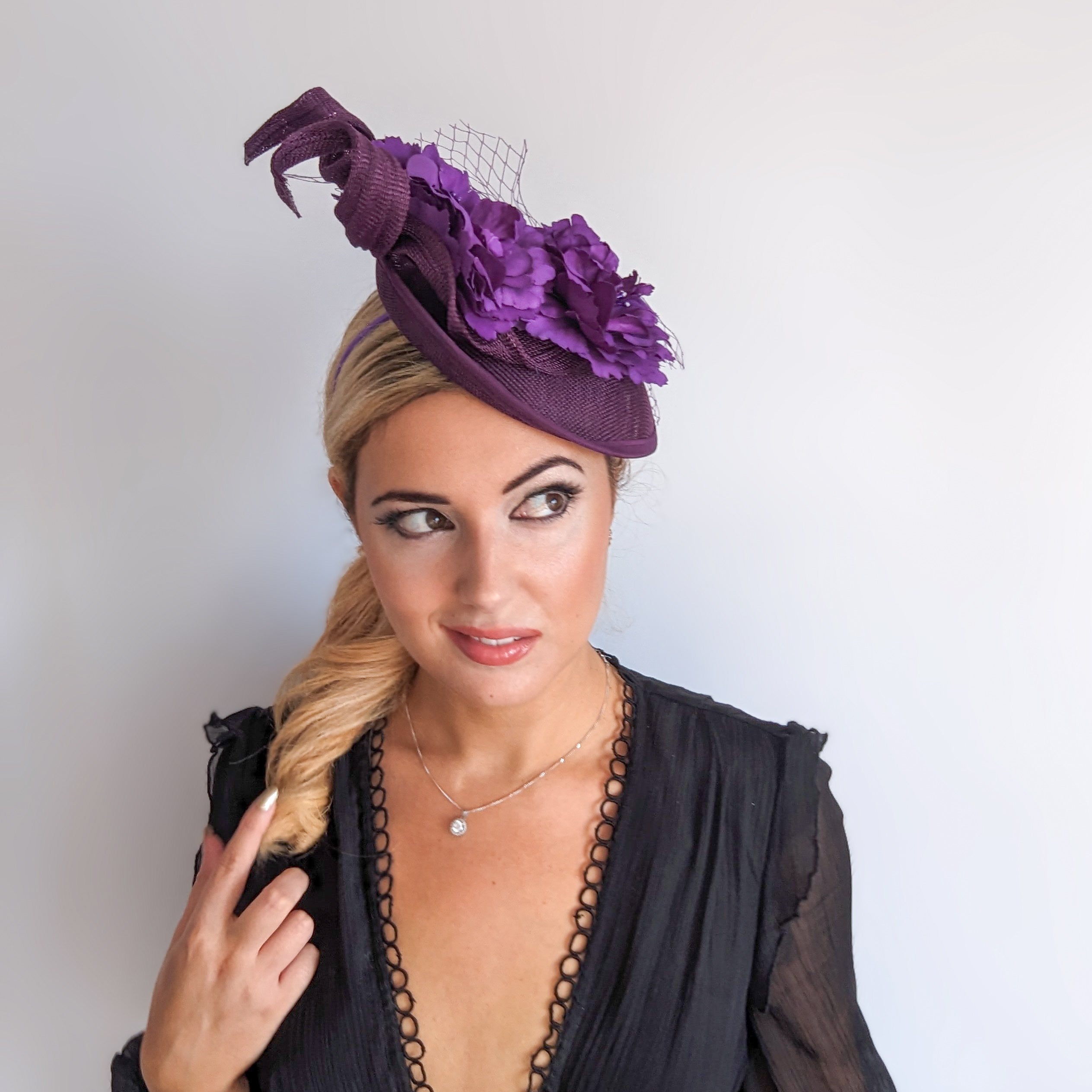 Dark plum purple flower fascinator disc saucer hat Dark plum purple flower fascinator disc saucer hat