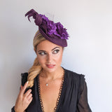 Dark plum purple flower fascinator disc saucer hat Dark plum purple flower fascinator disc saucer hat