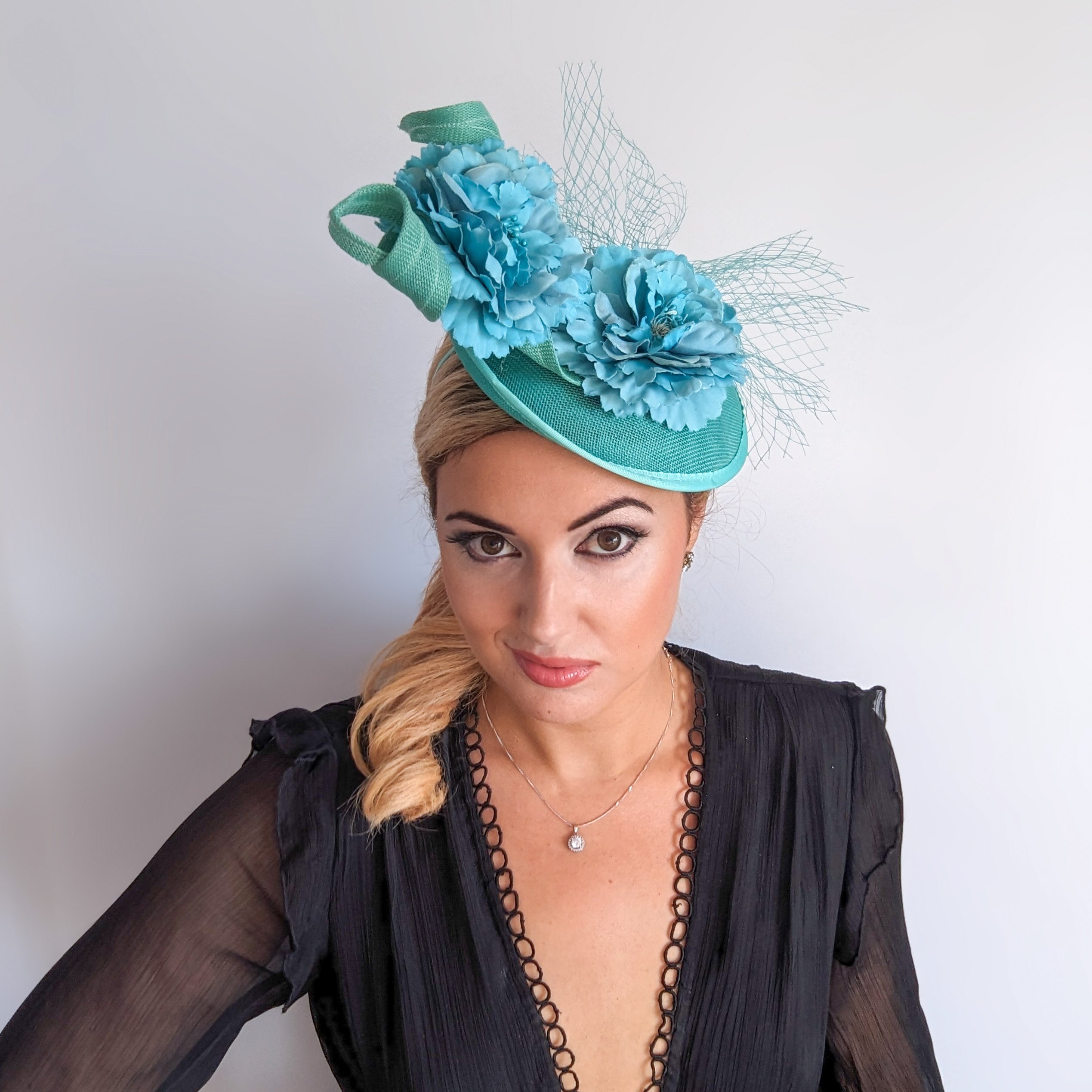 Seafoam mint green flower fascinator disc saucer hat Seafoam mint green flower fascinator disc saucer hat