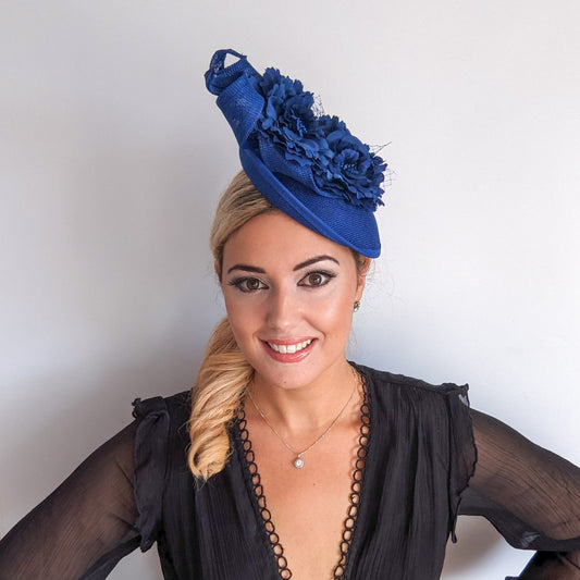 Royal cobalt blue flower fascinator disc saucer hat