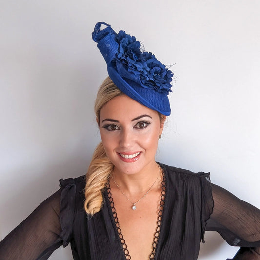 Royal cobalt blue flower fascinator disc saucer hat House of Hats
