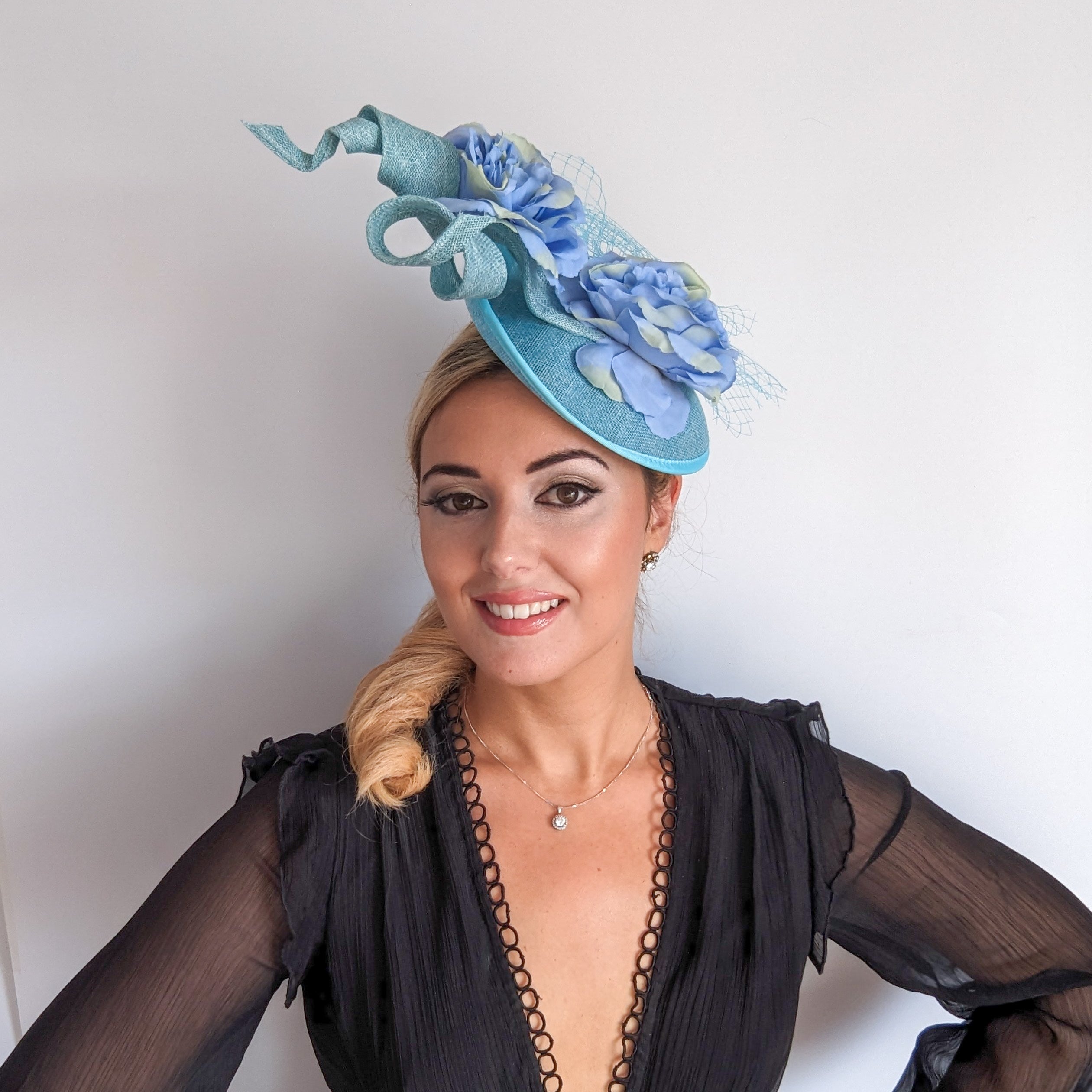 Aqua sky blue flower fascinator disc saucer hat