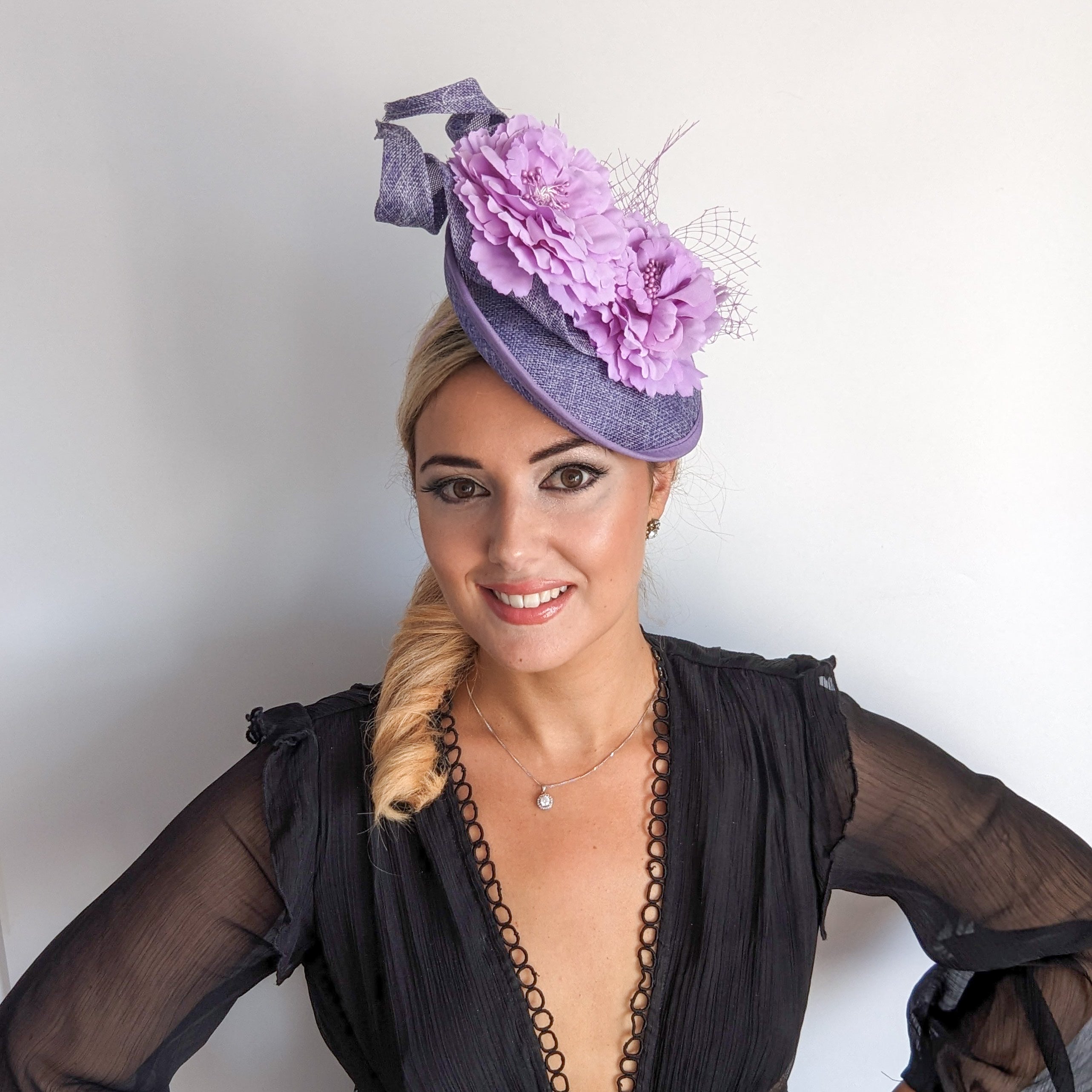 Lavender lilac purple flower fascinator disc saucer hat Lavender lilac purple flower fascinator disc saucer hat