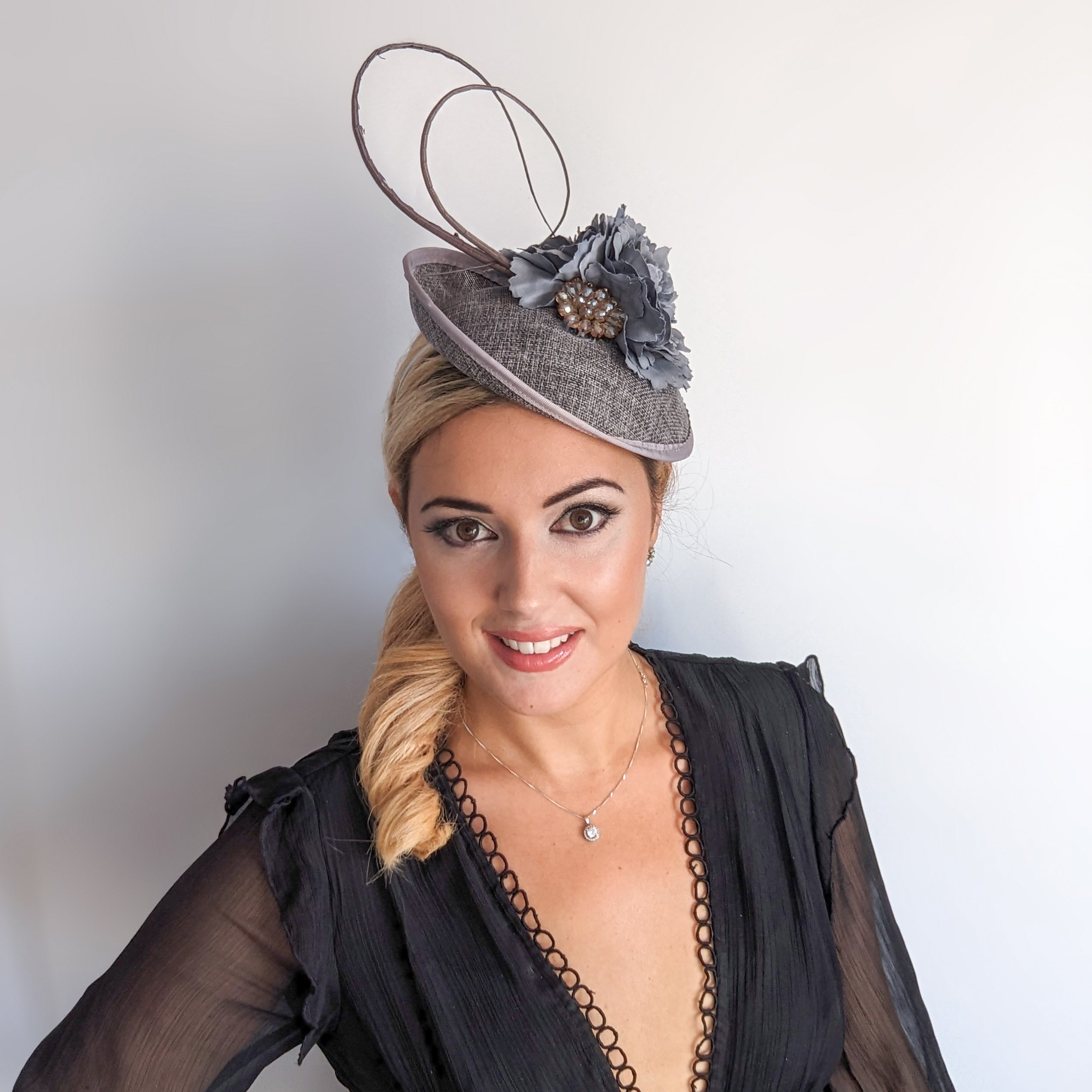 Grey flower disc saucer fascinator hat Grey flower disc saucer fascinator hat