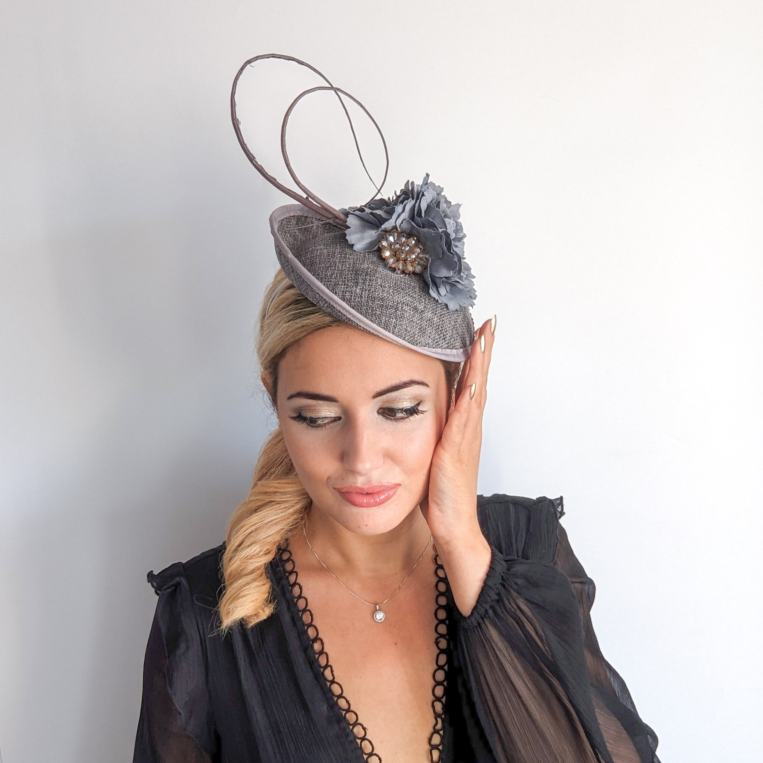 Grey flower disc saucer fascinator hat Grey flower disc saucer fascinator hat