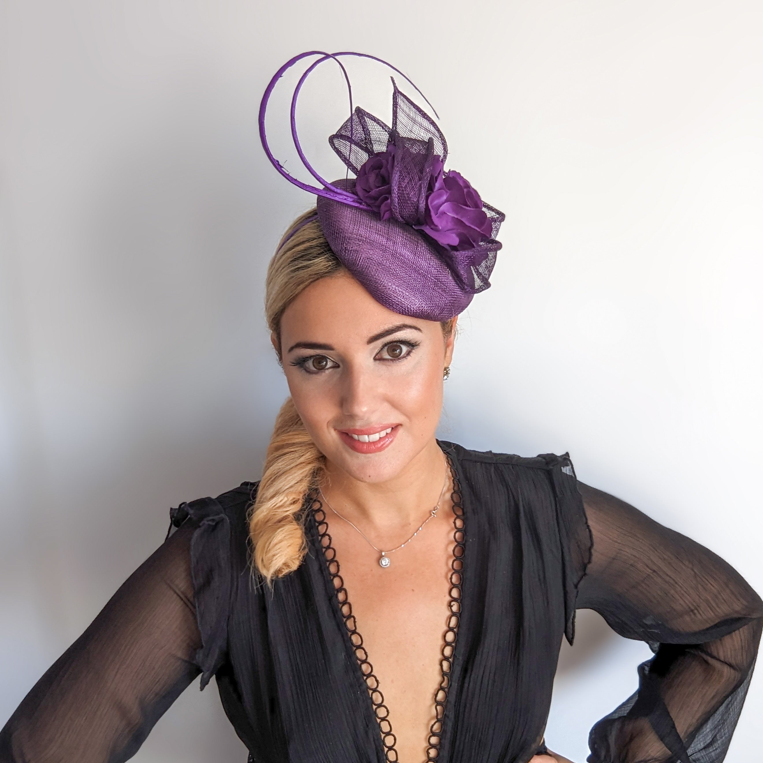 Aubergine royal purple flower fascinator hat Aubergine royal purple flower fascinator hat