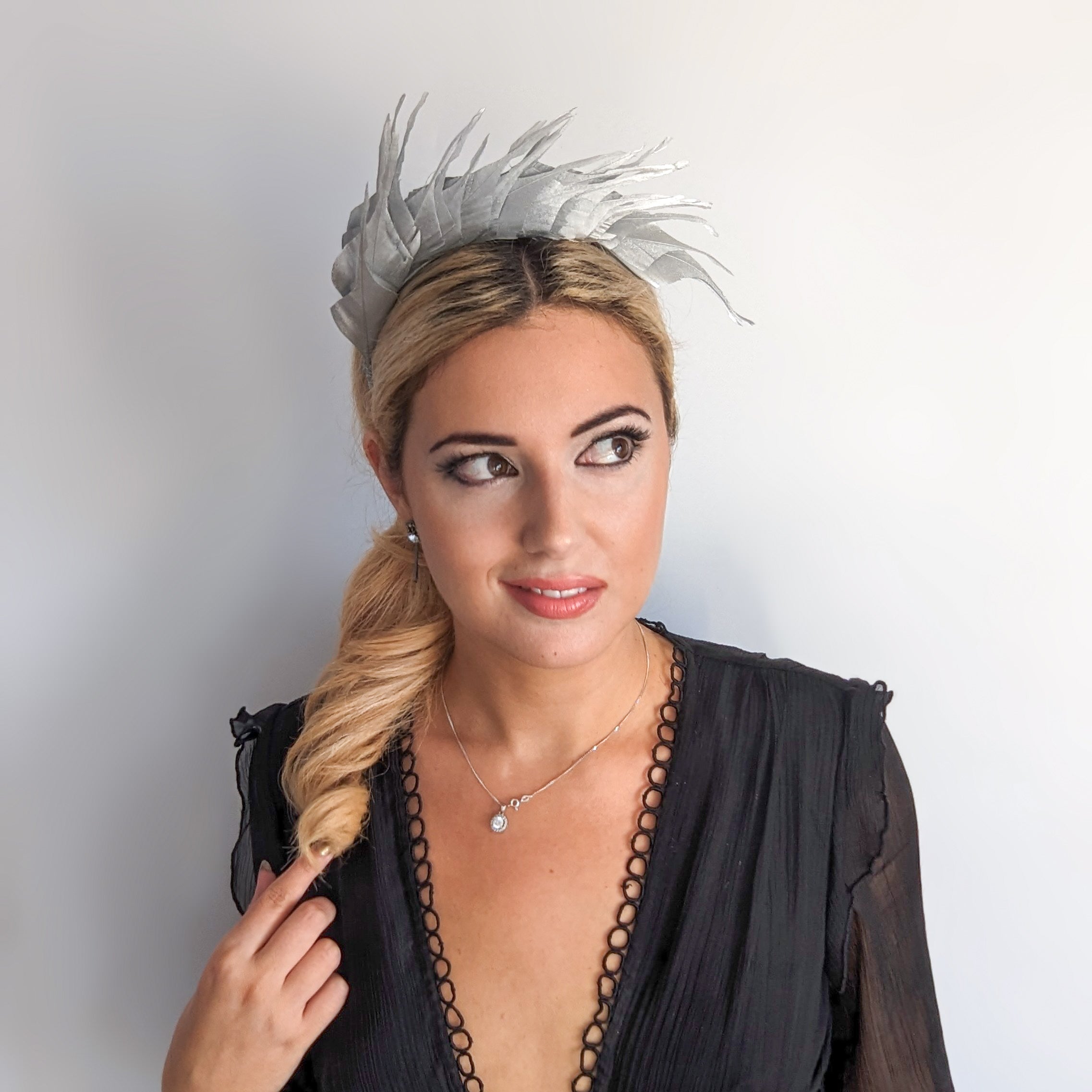 Silver metallic shimmer feather headband fascinator Silver metallic shimmer feather headband fascinator