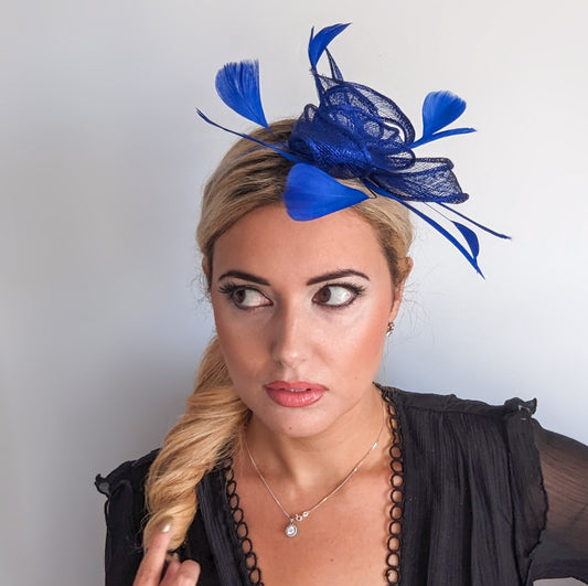 Royal cobalt blue feather fascinator hat