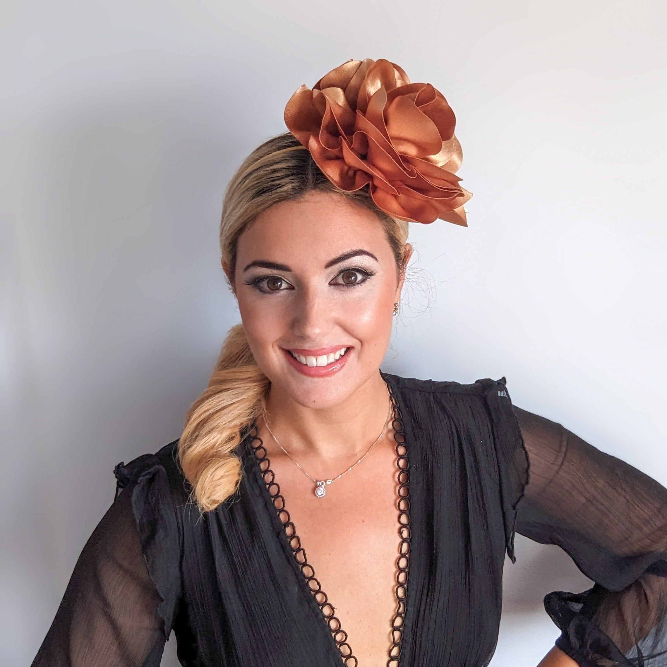 Large toffee gold satin rose fascinator hat Large toffee gold satin rose fascinator hat