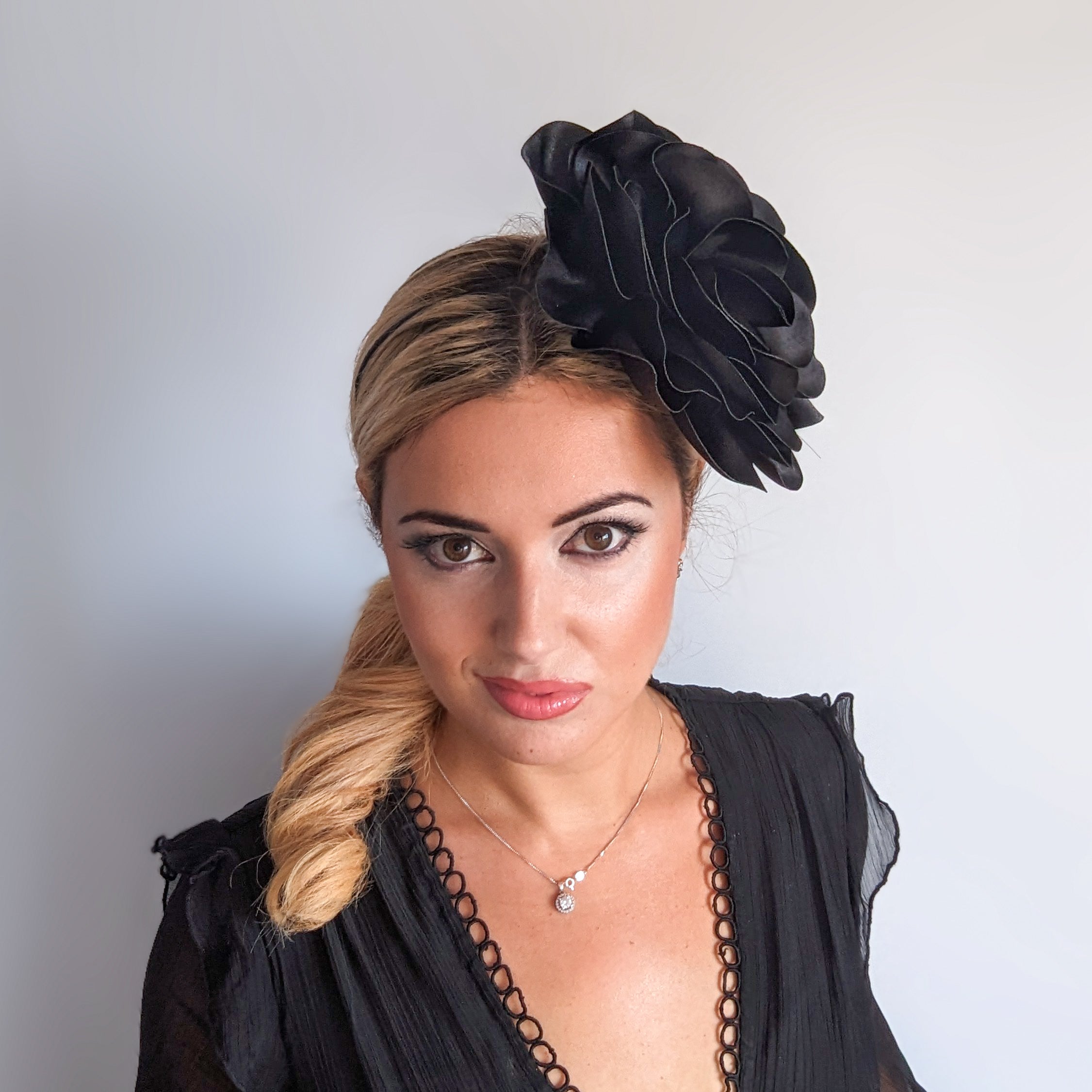 Large black satin rose fascinator hat Large black satin rose fascinator hat