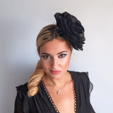 Large black satin rose fascinator hat Large black satin rose fascinator hat