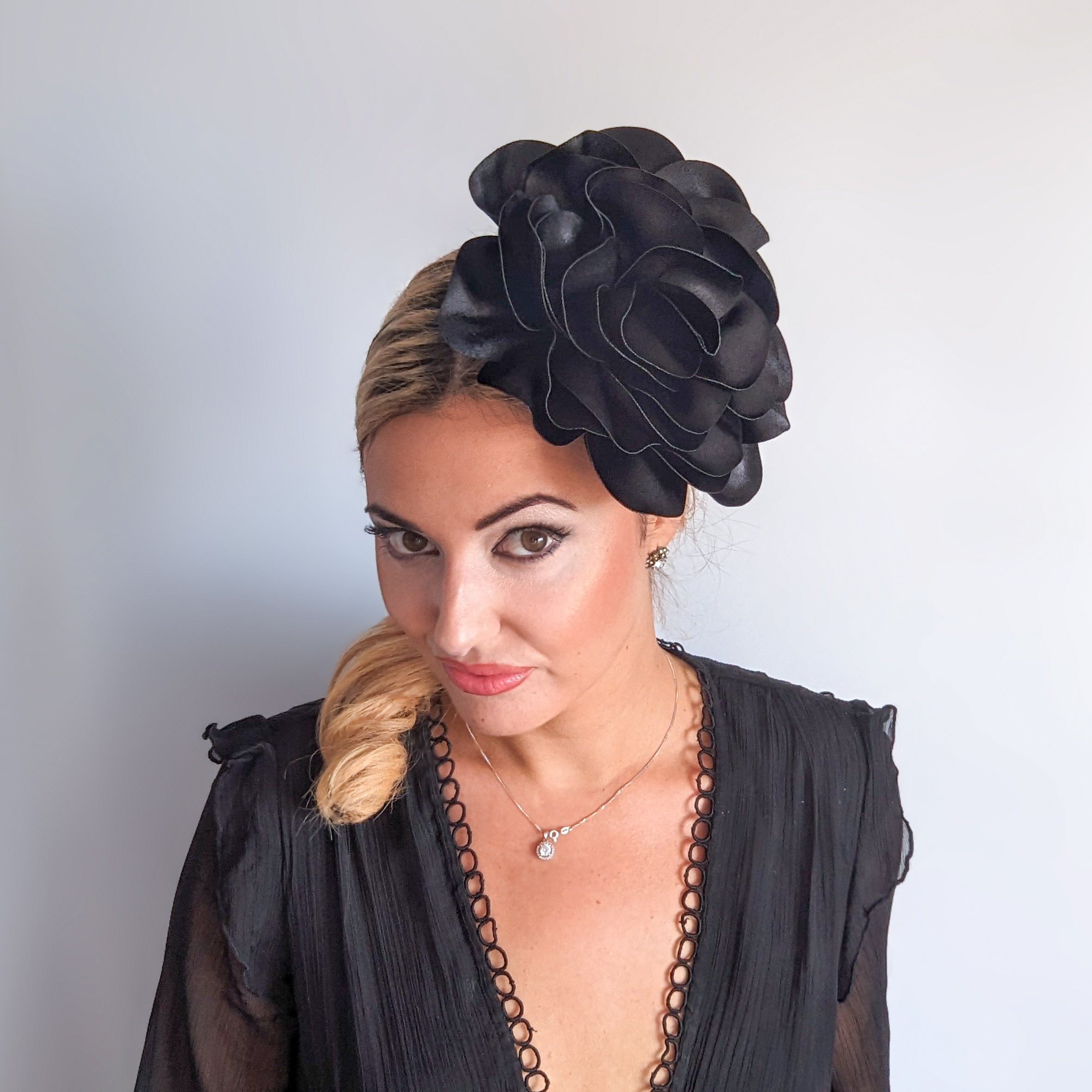 Large black satin rose fascinator hat Large black satin rose fascinator hat