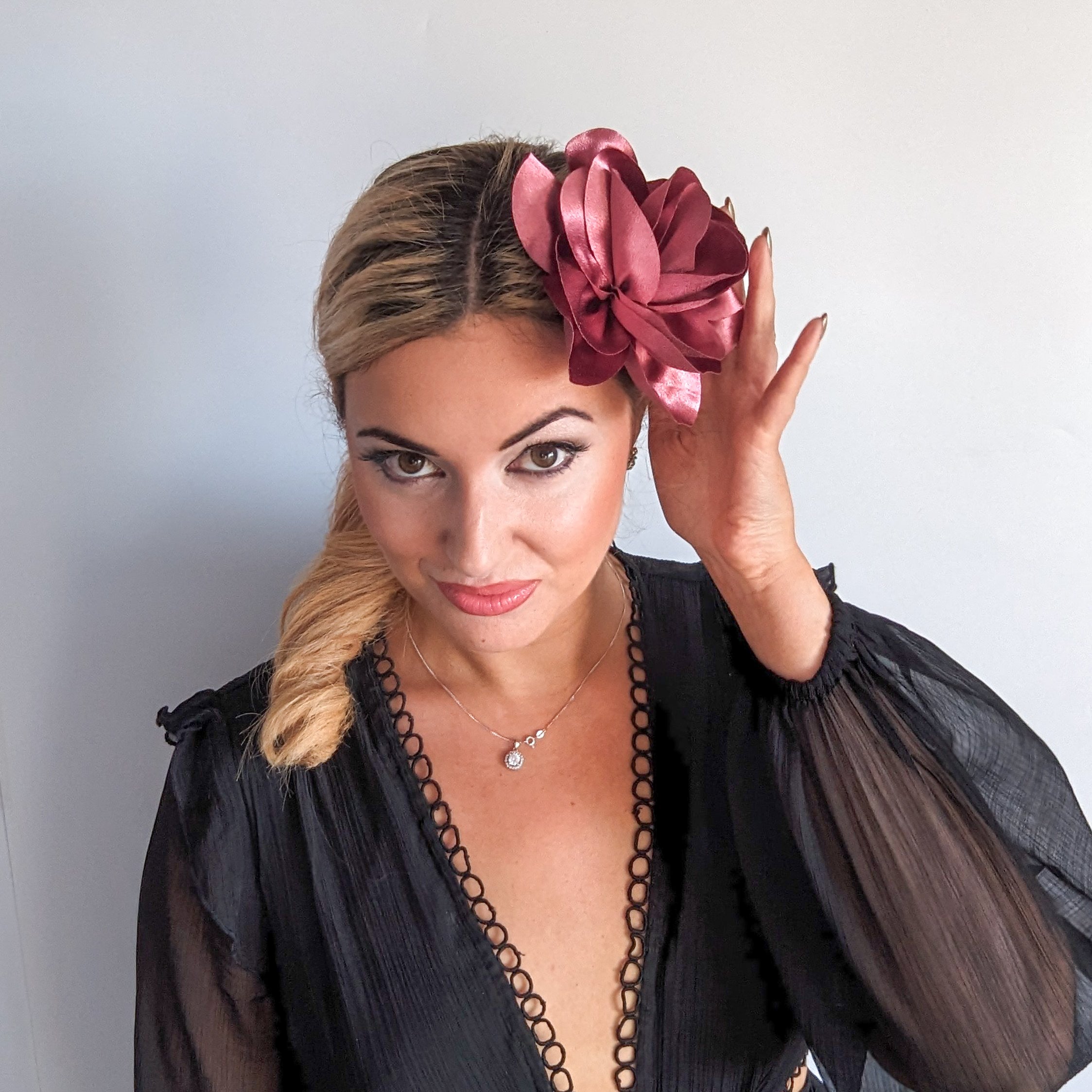 Dusty mulberry satin rose fascinator hat Dusty mulberry satin rose fascinator hat