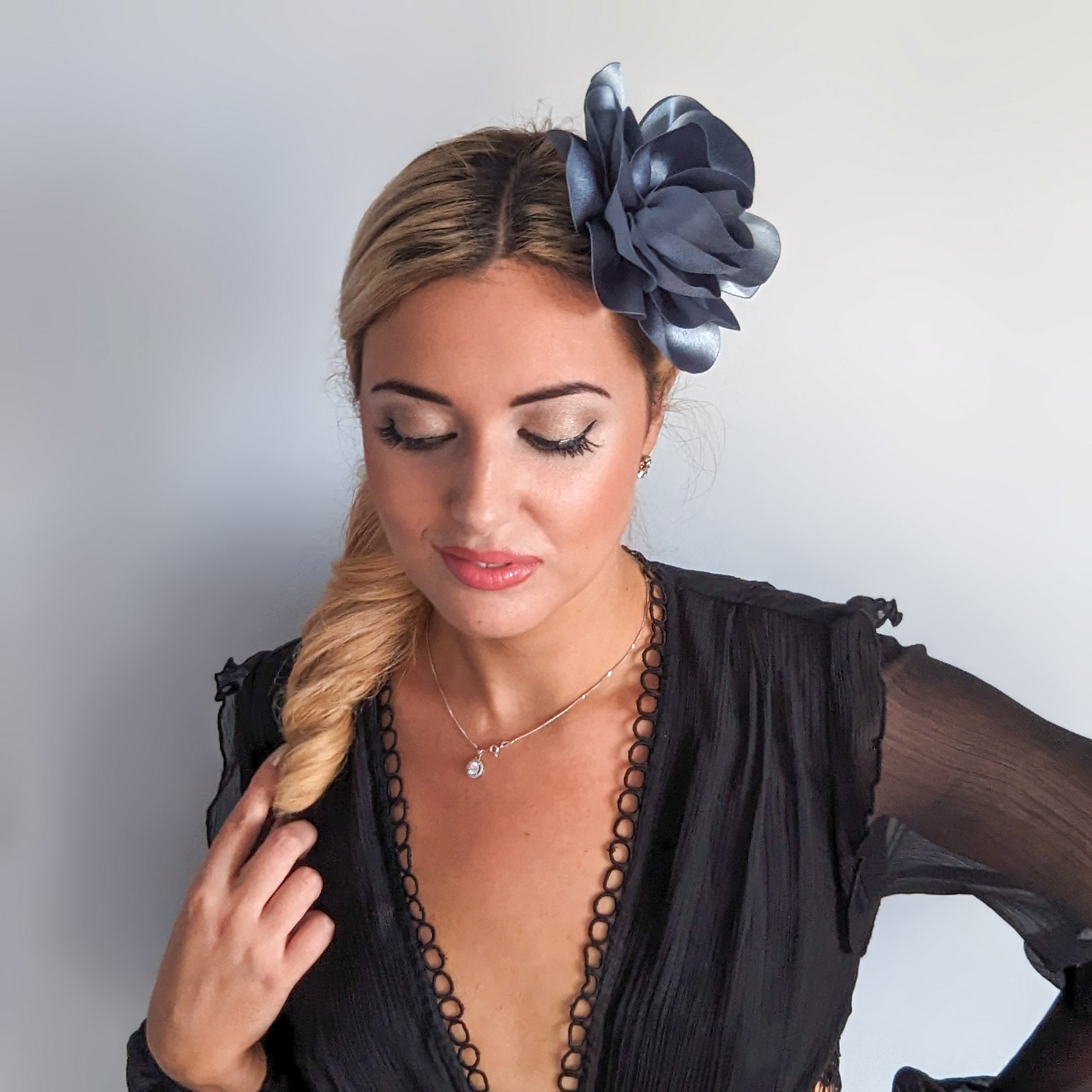 Dusty blue satin rose fascinator hat Dusty blue satin rose fascinator hat