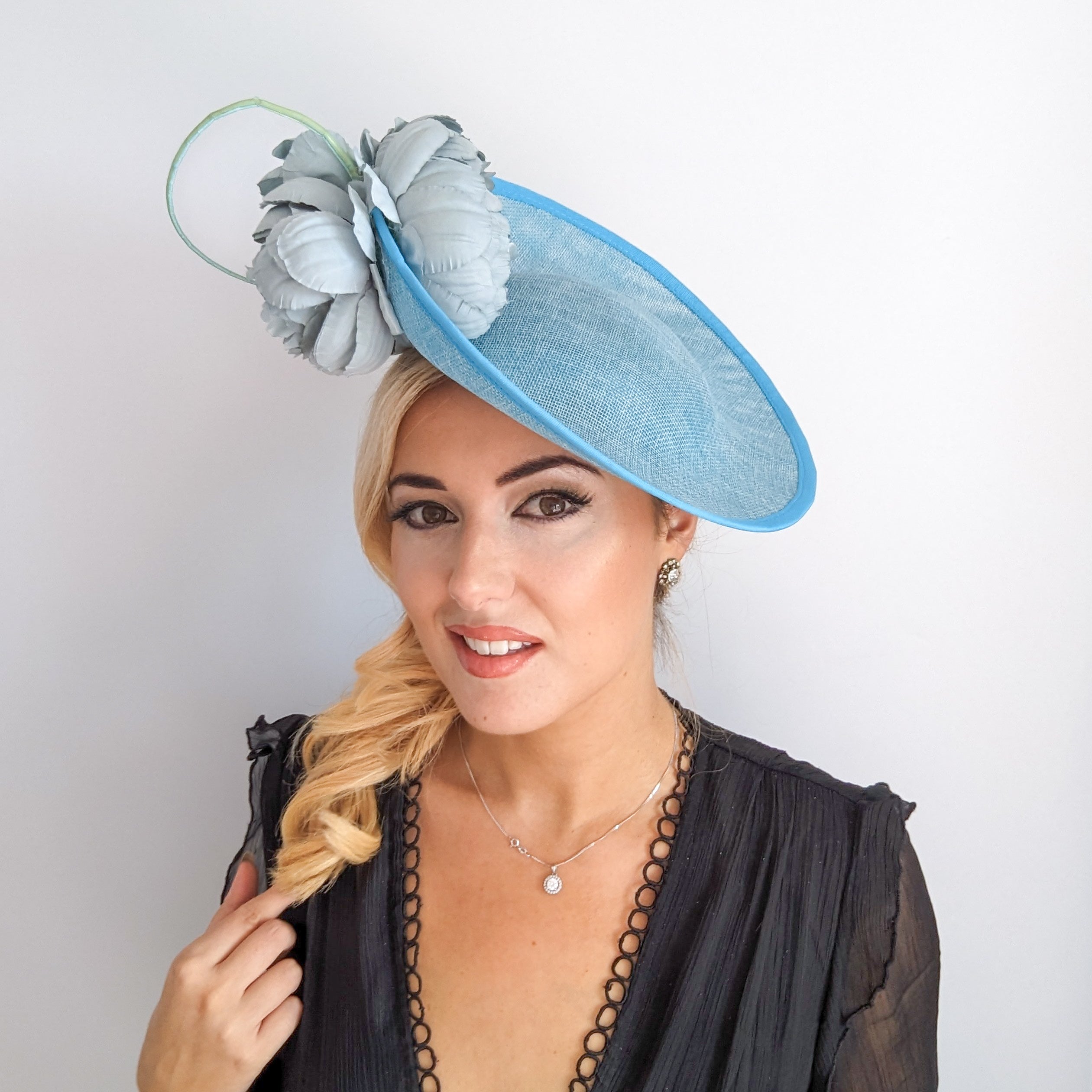 Aqua sky blue large flower saucer disc fascinator hat