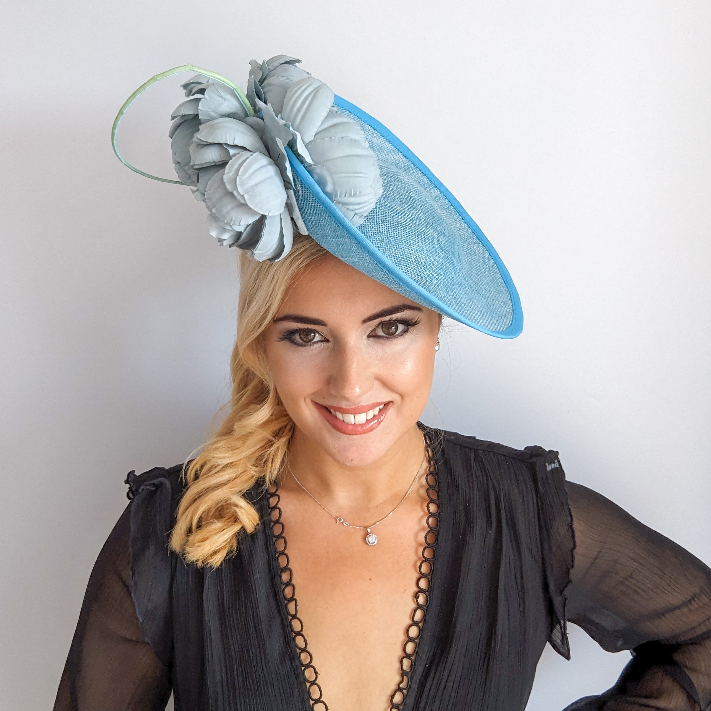 Aqua sky blue large flower saucer disc fascinator hat Aqua sky blue large flower saucer disc fascinator hat