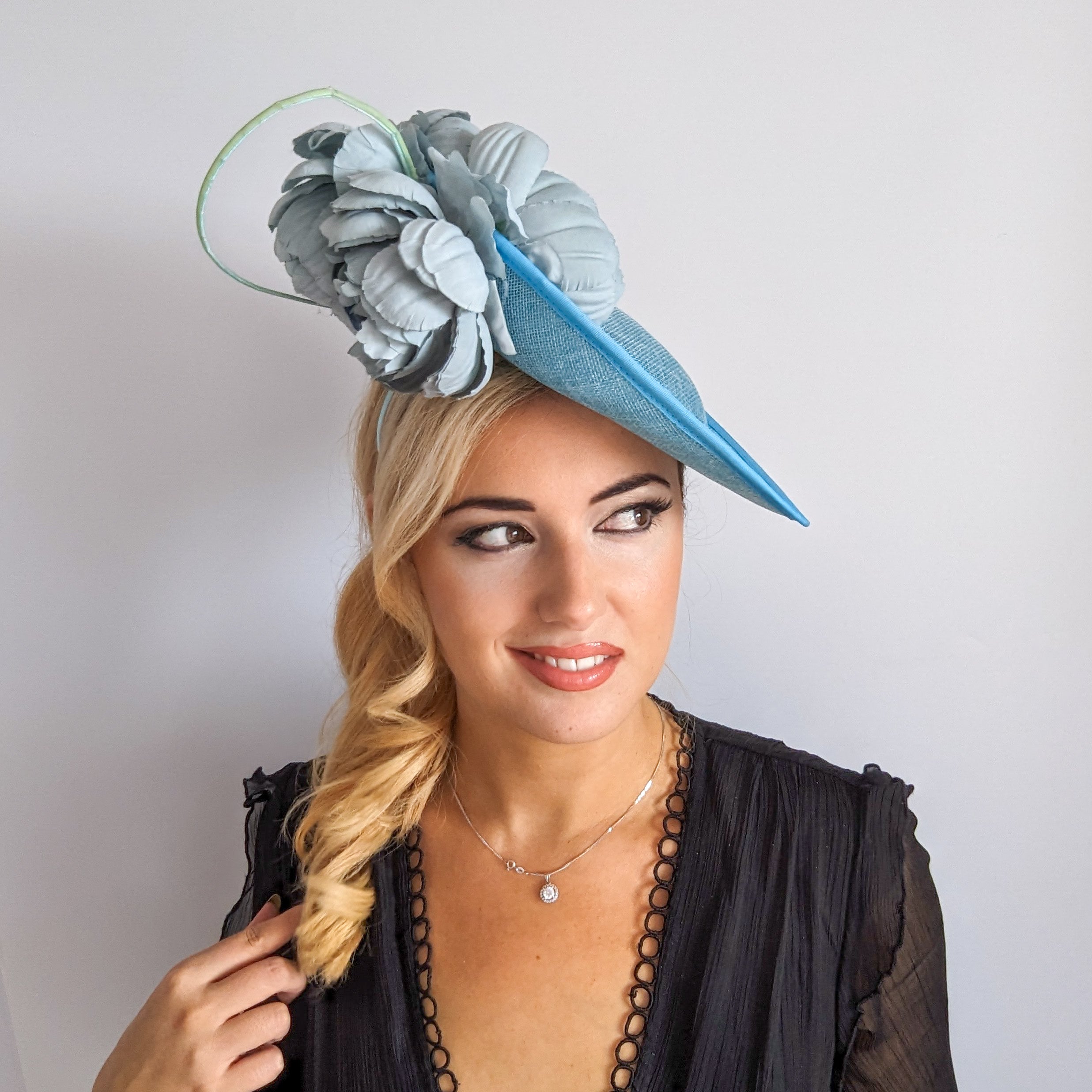 Aqua sky blue large flower saucer disc fascinator hat Aqua sky blue large flower saucer disc fascinator hat