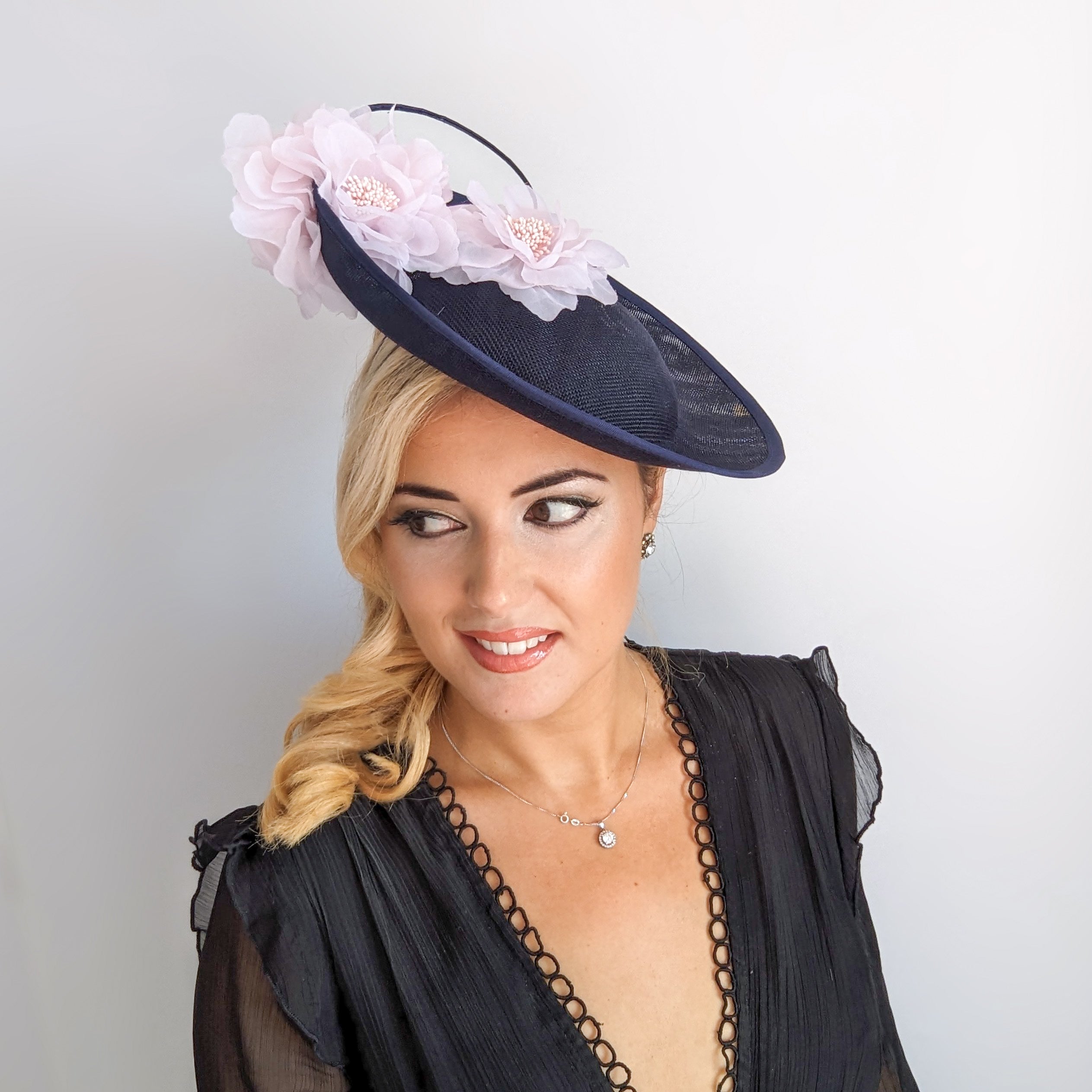 Navy blue light pink large flower saucer disc fascinator hat Navy blue light pink large flower saucer disc fascinator hat