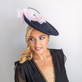 Navy blue light pink large flower saucer disc fascinator hat Navy blue light pink large flower saucer disc fascinator hat