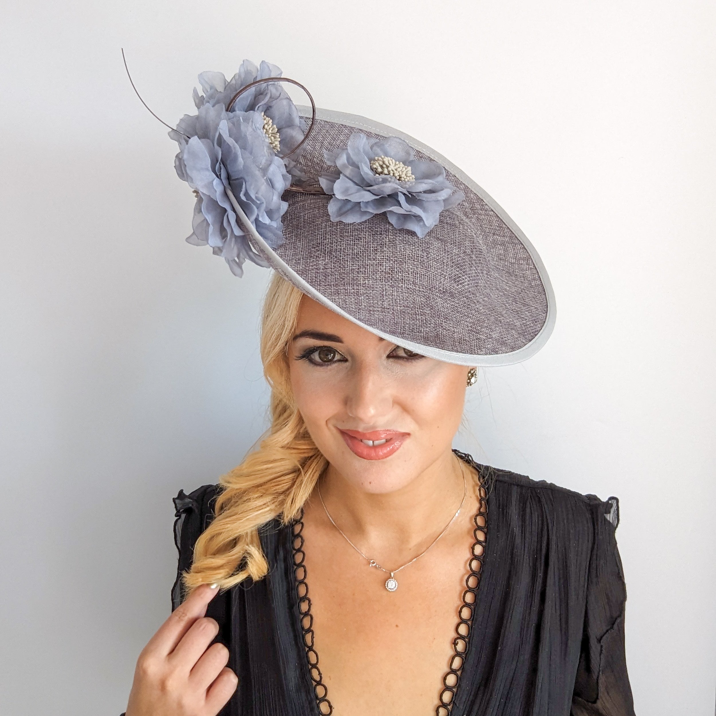 Grey large flower saucer disc fascinator hat Grey large flower saucer disc fascinator hat