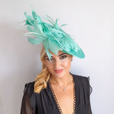 Seafoam mint green feather large saucer disc fascinator hat Seafoam mint green feather large saucer disc fascinator hat