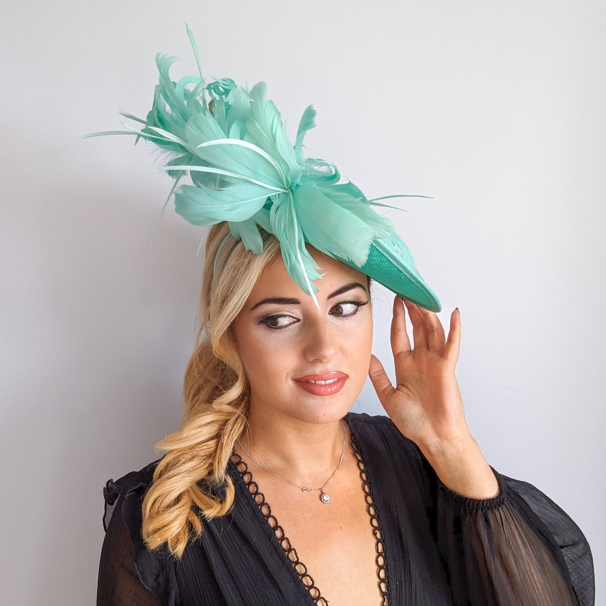 Seafoam mint green feather large saucer disc fascinator hat Seafoam mint green feather large saucer disc fascinator hat