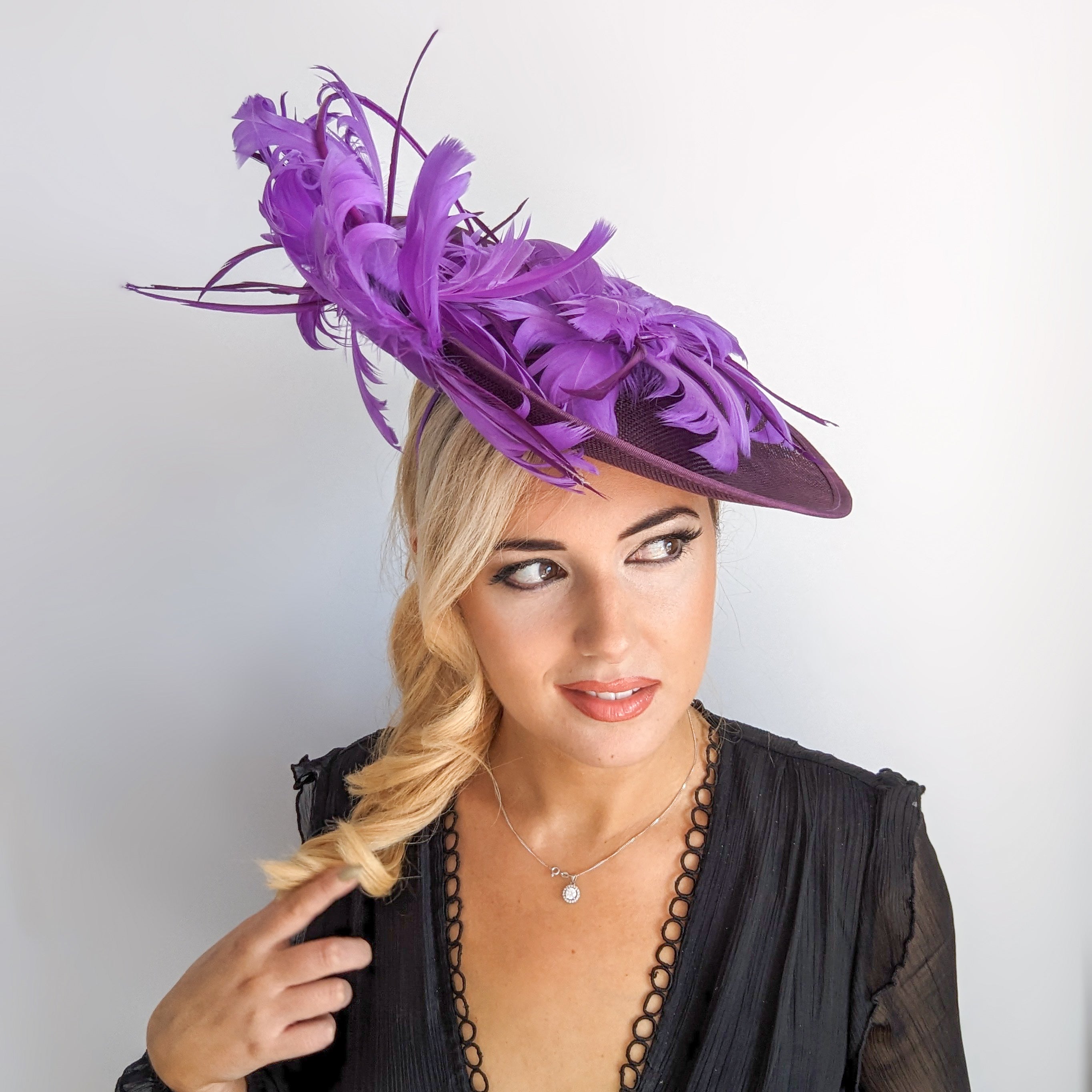 Dark plum cadbury purple large feather saucer disc fascinator hat Dark plum cadbury purple large feather saucer disc fascinator hat