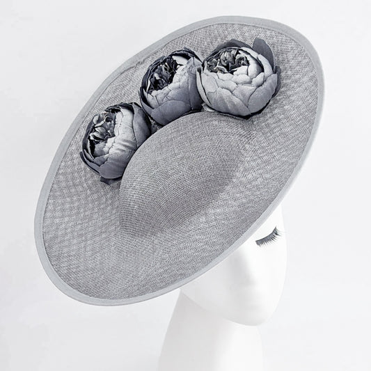 Silver shimmer flower large saucer disc fascinator hat