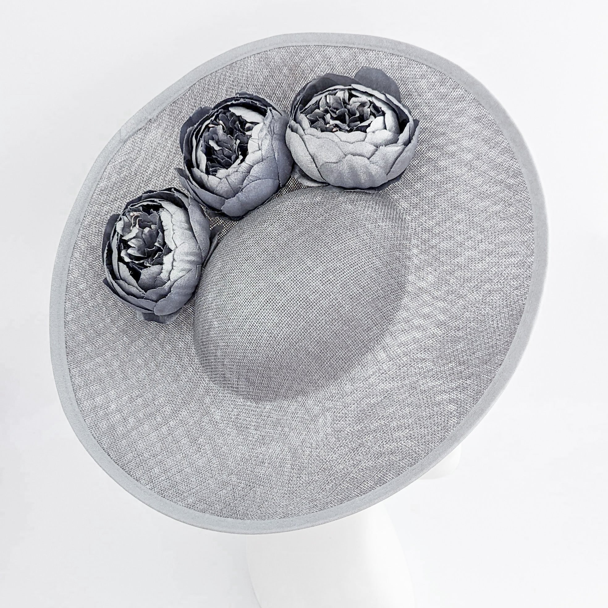 Silver shimmer flower large saucer disc fascinator hat