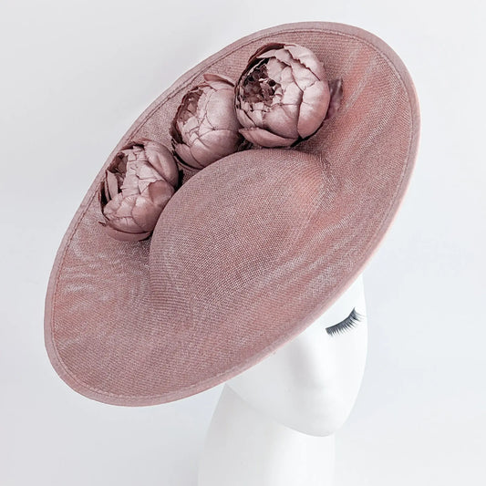 Rose gold shimmer flower large saucer disc fascinator hat House of Hats