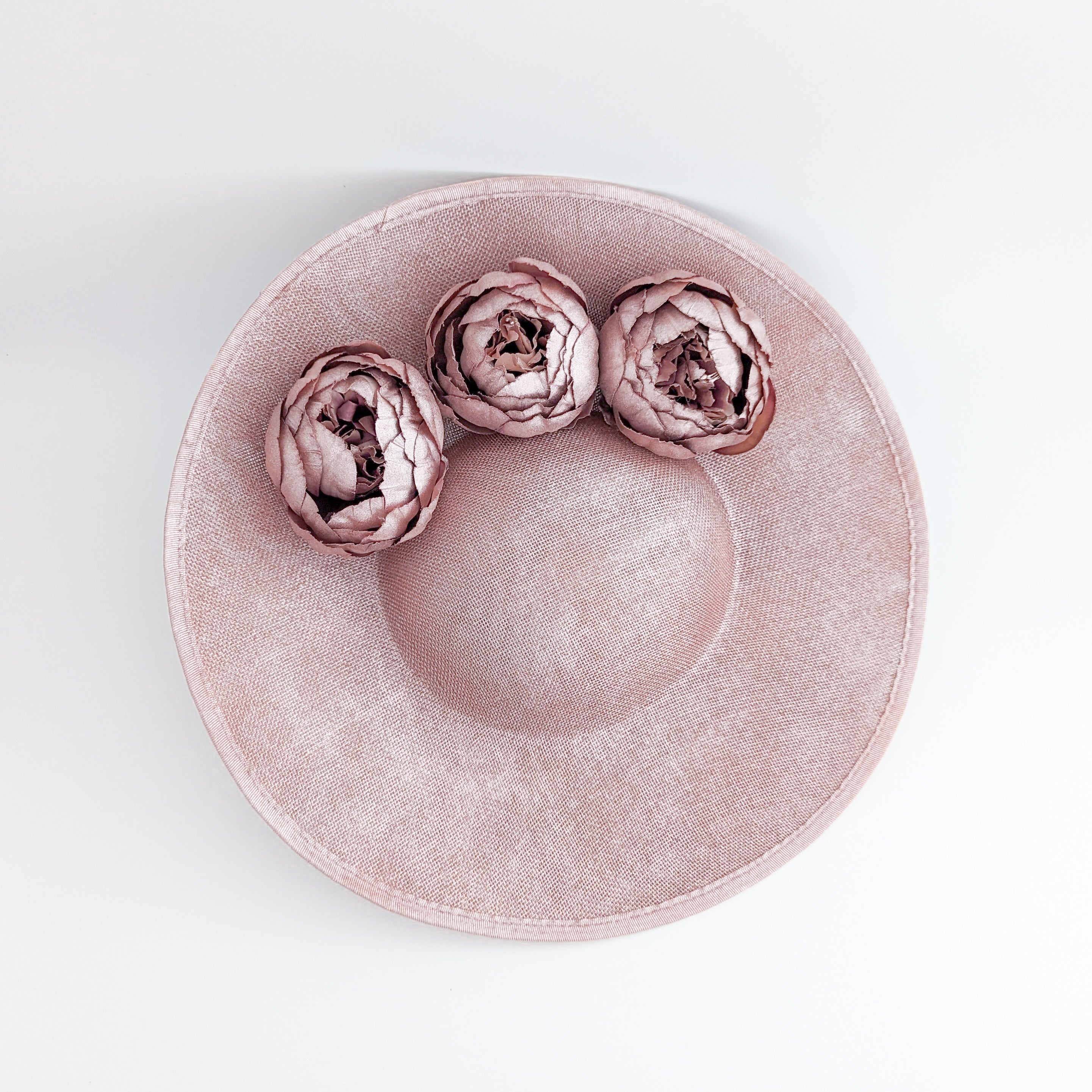 Rose gold shimmer flower large saucer disc fascinator hat