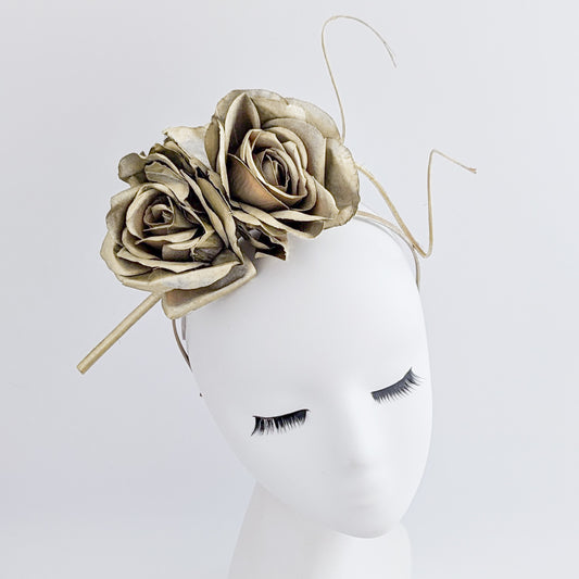 Gold shimmer rose flower fascinator hat