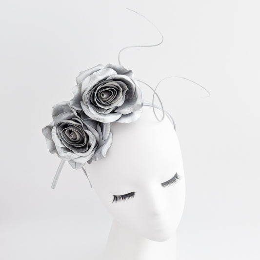 Silver shimmer rose flower fascinator hat