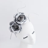 Silver shimmer rose flower fascinator hat