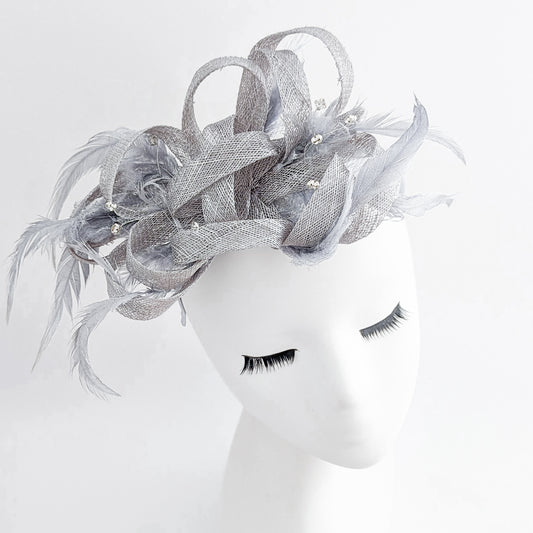 Silver shimmer crystal feather fascinator hat