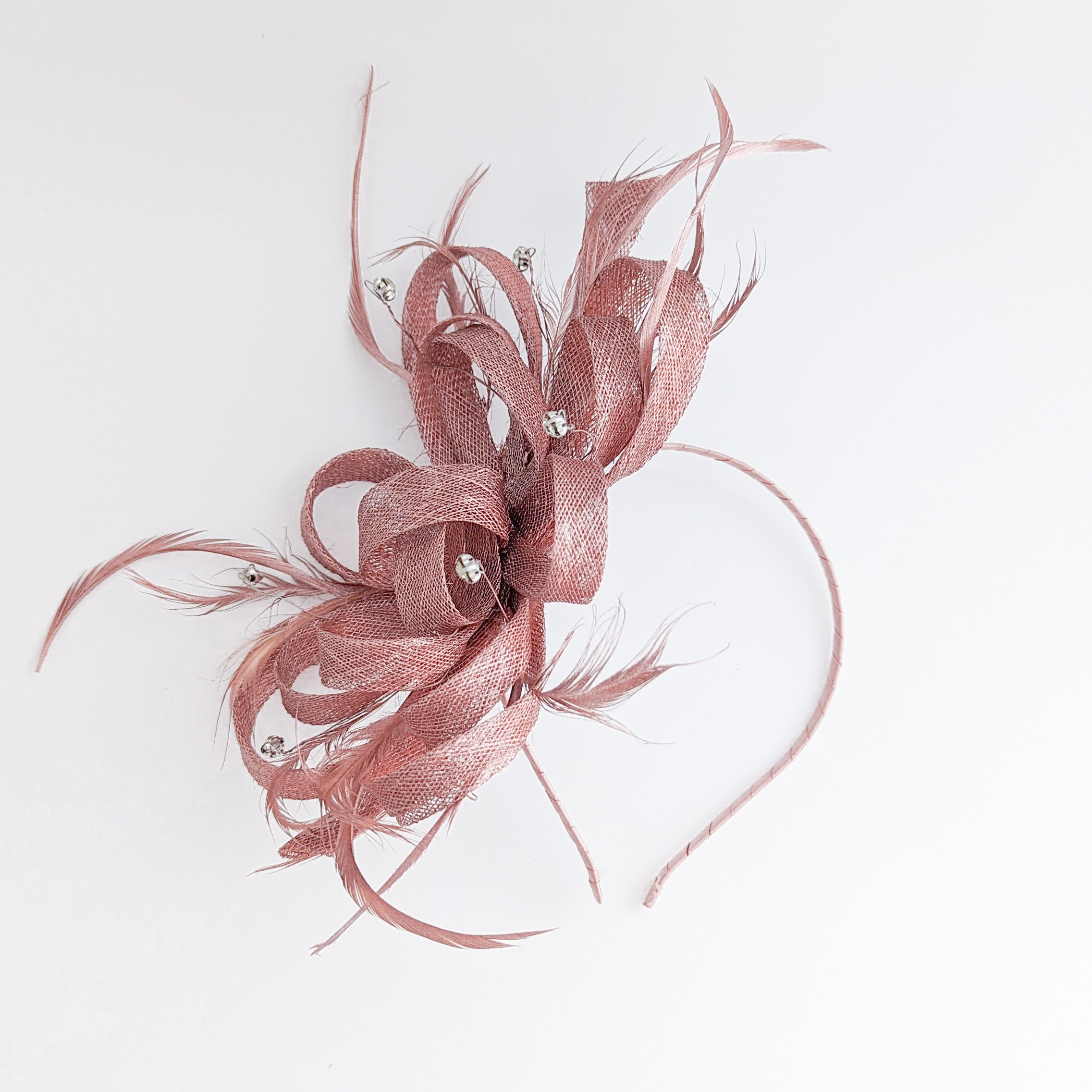 Rose gold shimmer crystal feather fascinator hat