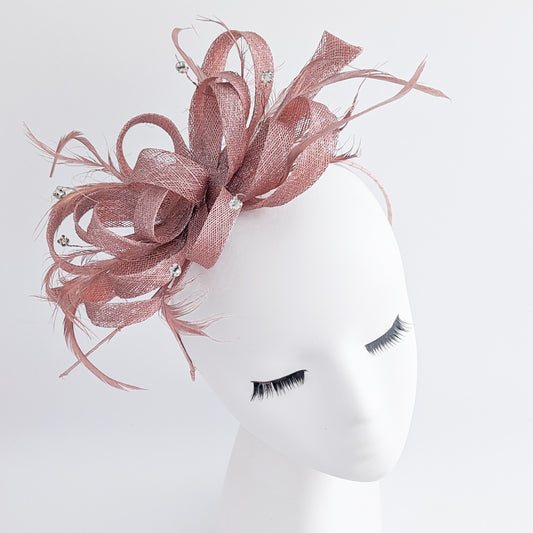 Rose gold shimmer crystal feather fascinator hat