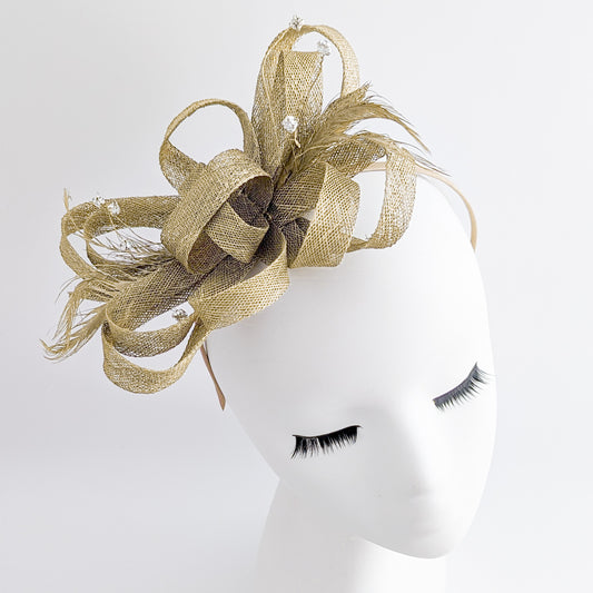 Gold shimmer crystal feather fascinator hat