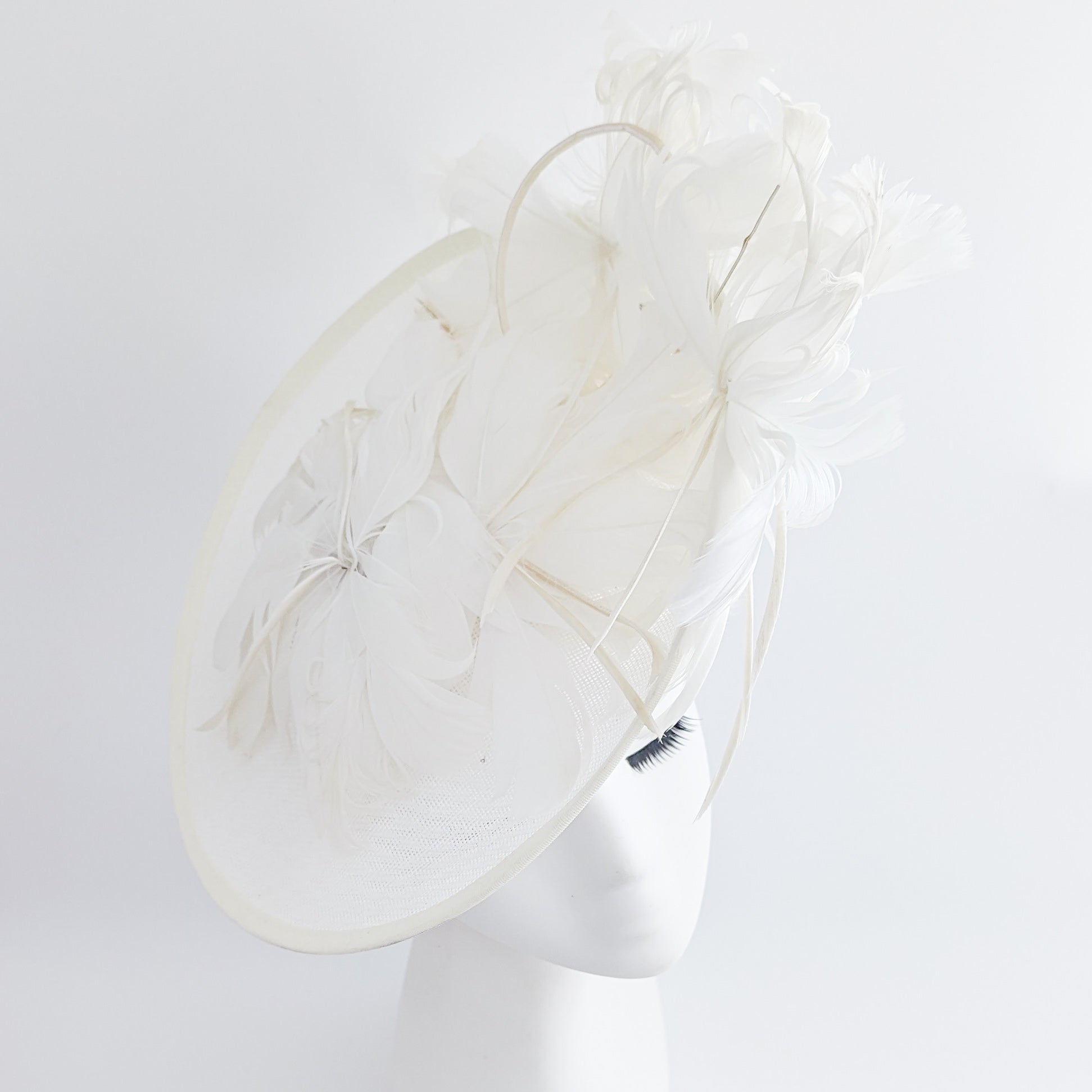 Cream feather large saucer disc fascinator hat