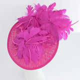 Fuchsia pink large feather saucer disc fascinator hat